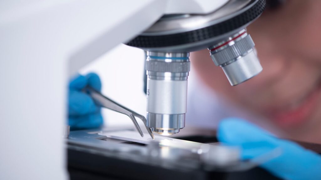 Unrecognisable scientist working with tweezers and a microscope in a laboratory