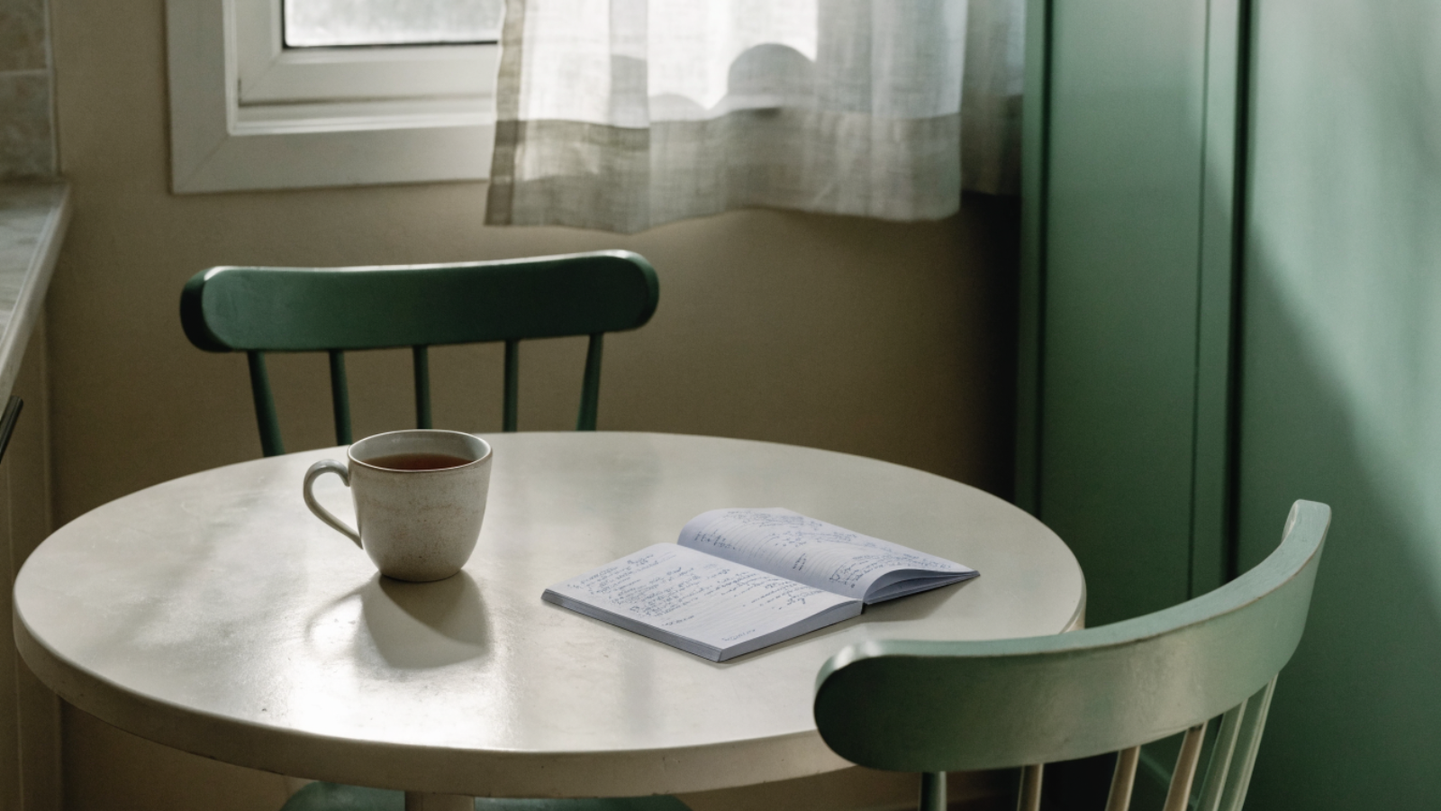 A quiet kitchen table with a ceramic mug of tea and an open diary, soft morning light, conveying midlife reflection and hormonal health