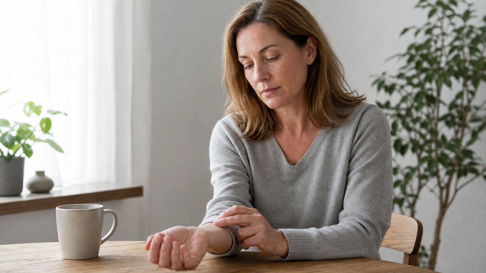 Person checking their pulse at the wrist while sitting at a table