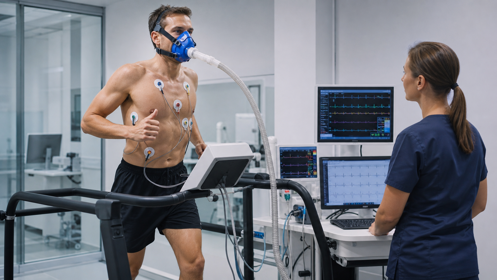 Adult wearing a breathing mask and ECG electrodes during a supervised treadmill VO2 max test