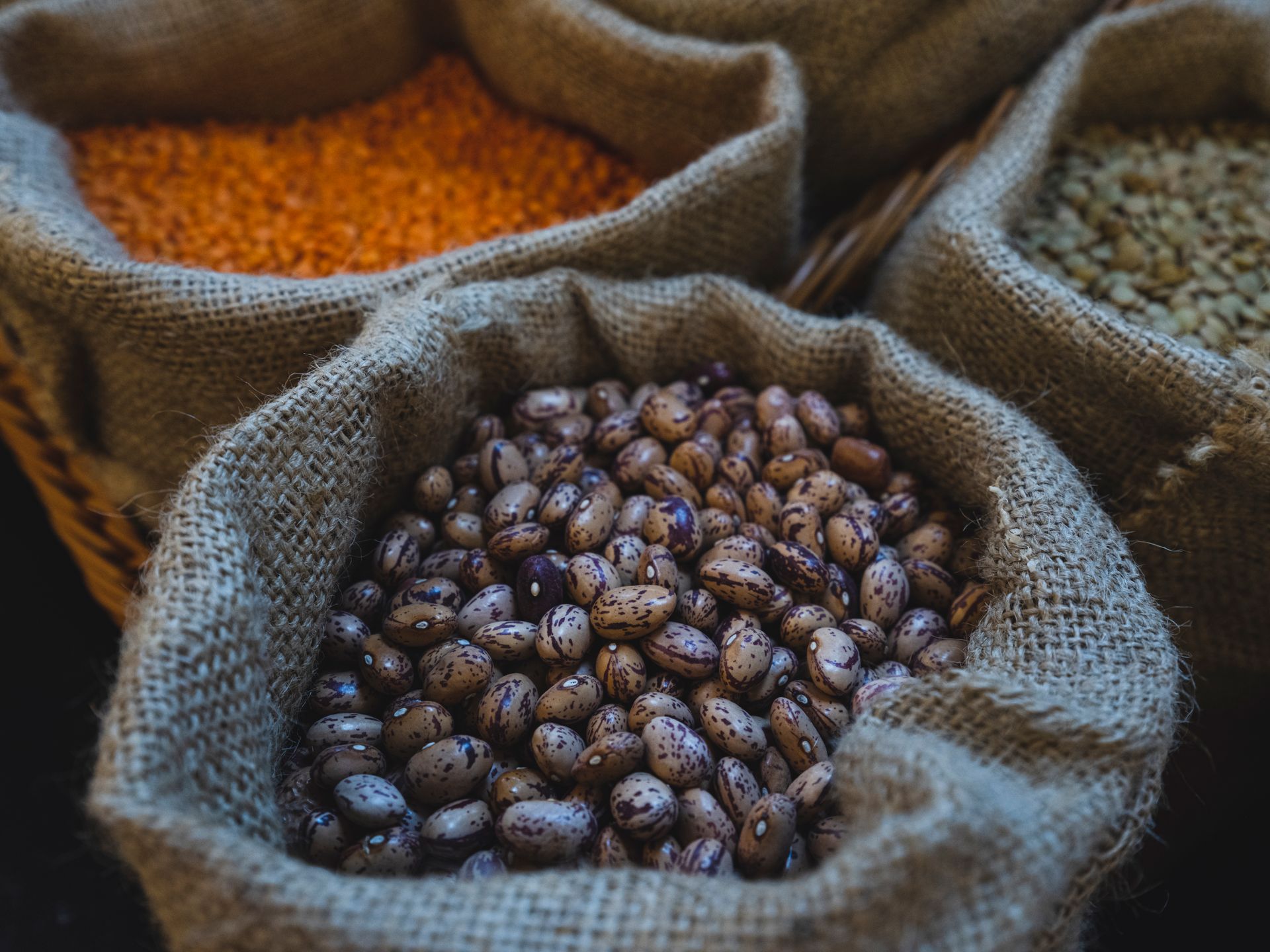 Sacks of beans and grains displayed at a market