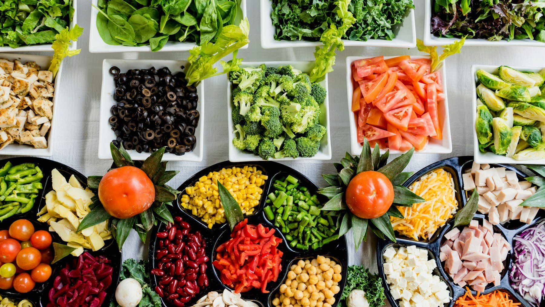 Colourful meal ingredients arranged on a table