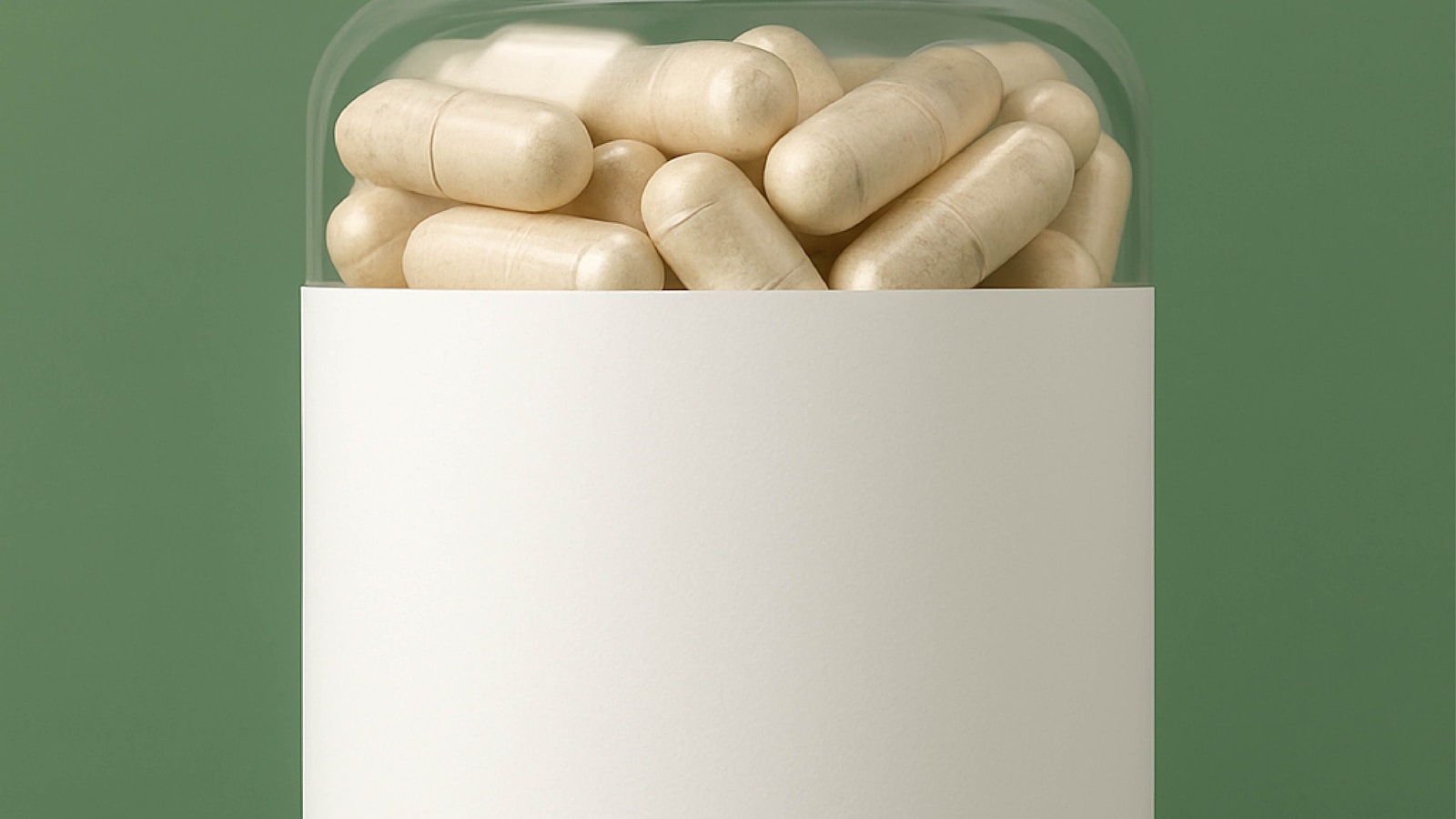 Clear supplement bottle filled with capsules