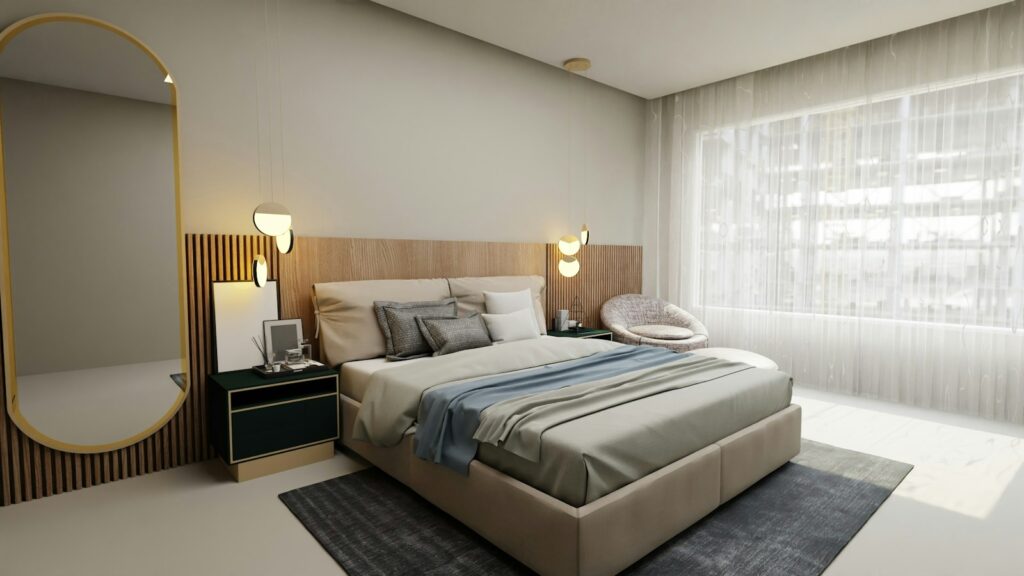 Illustration of a bedroom with a bed beside a large window